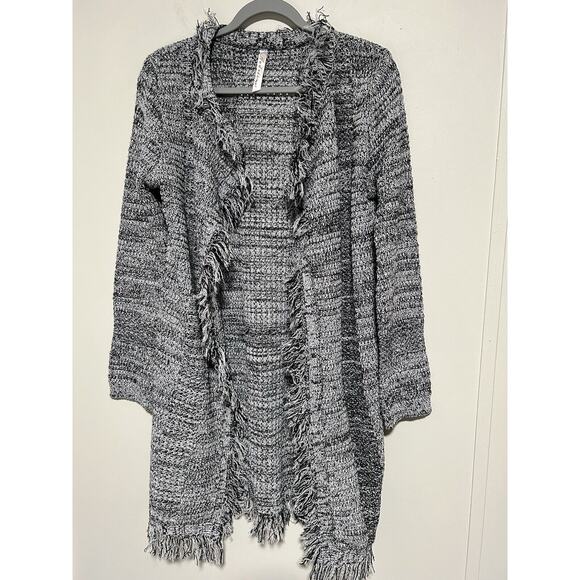 Andree By Unit Open Front Long Knit Cardigan Size M/L White Black Fringed Edges - Picture 1 of 7